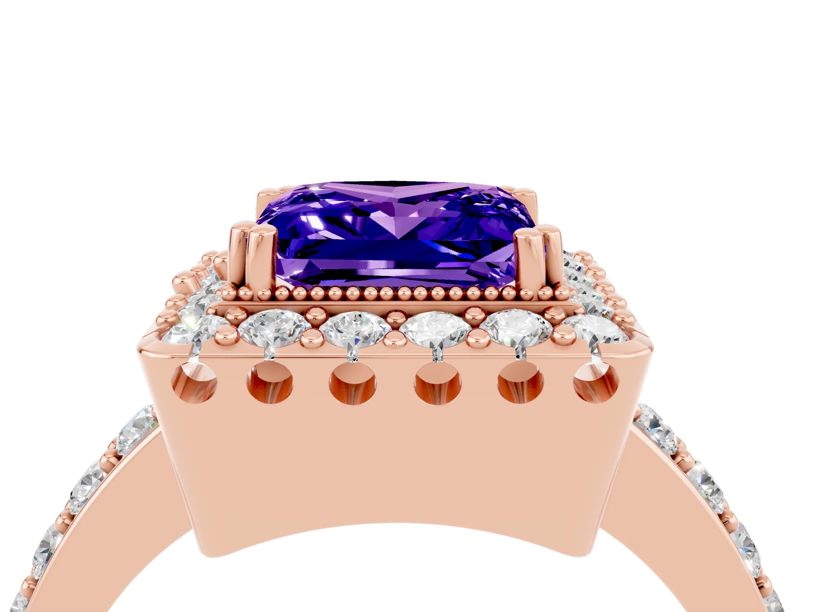 Rose gold Princess Cut Diamond Halo Ring with Pavé Band and Prong Setting_4