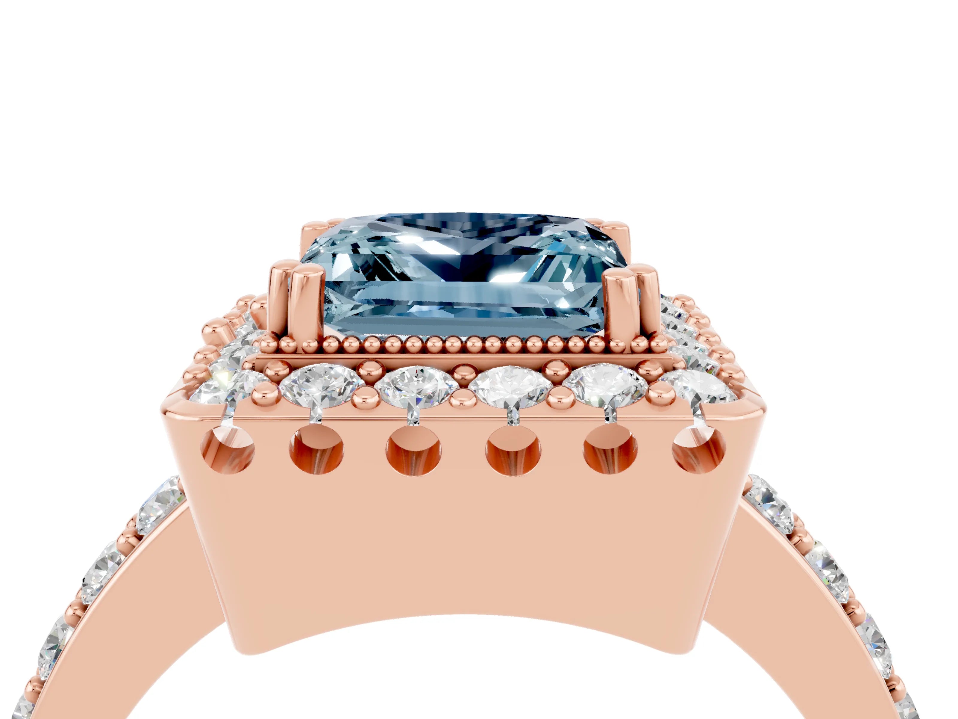 Rose gold Princess Cut Diamond Halo Ring with Pavé Band and Prong Setting_4