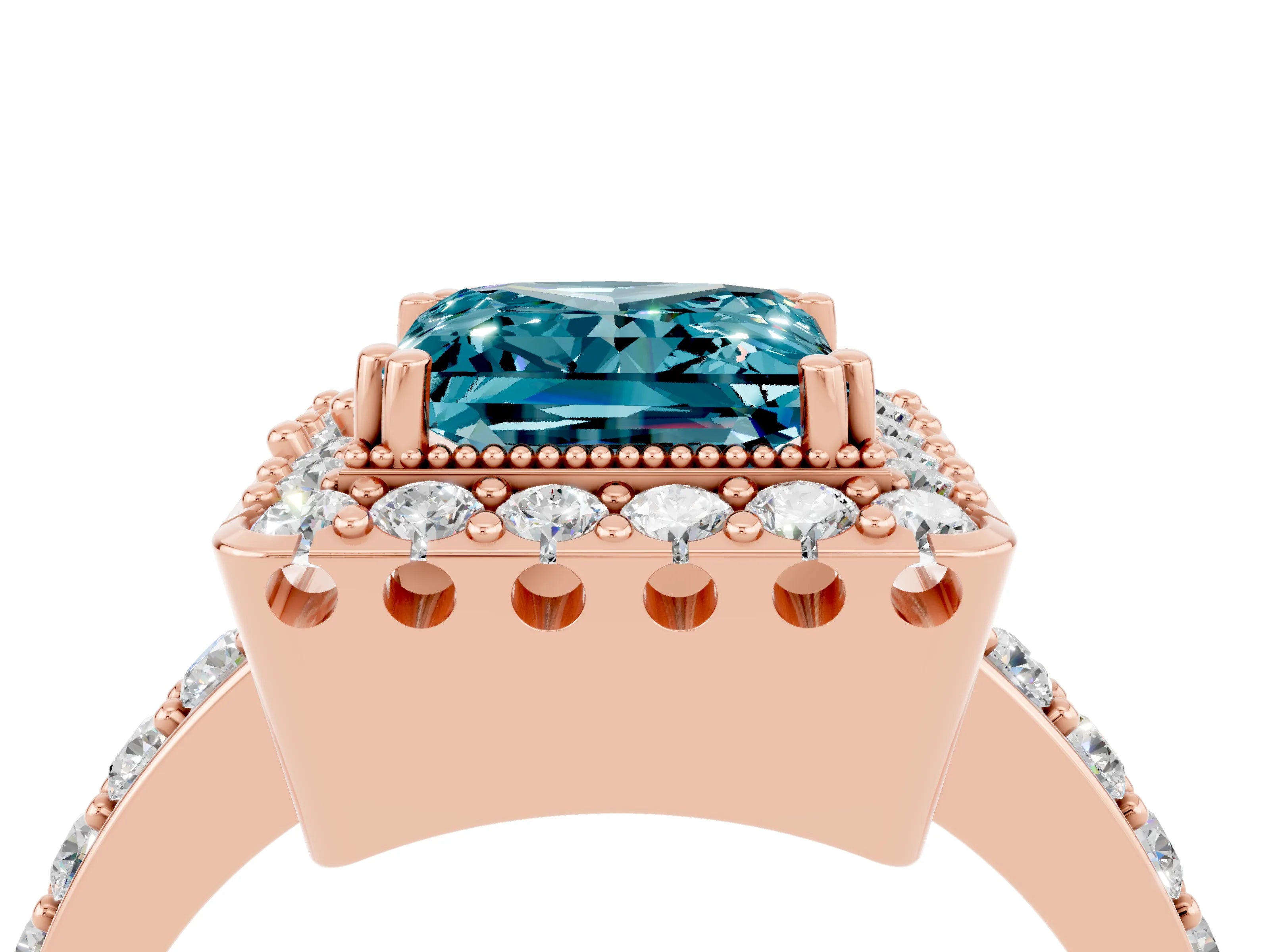 Rose gold Princess Cut Diamond Halo Ring with Pavé Band and Prong Setting_4