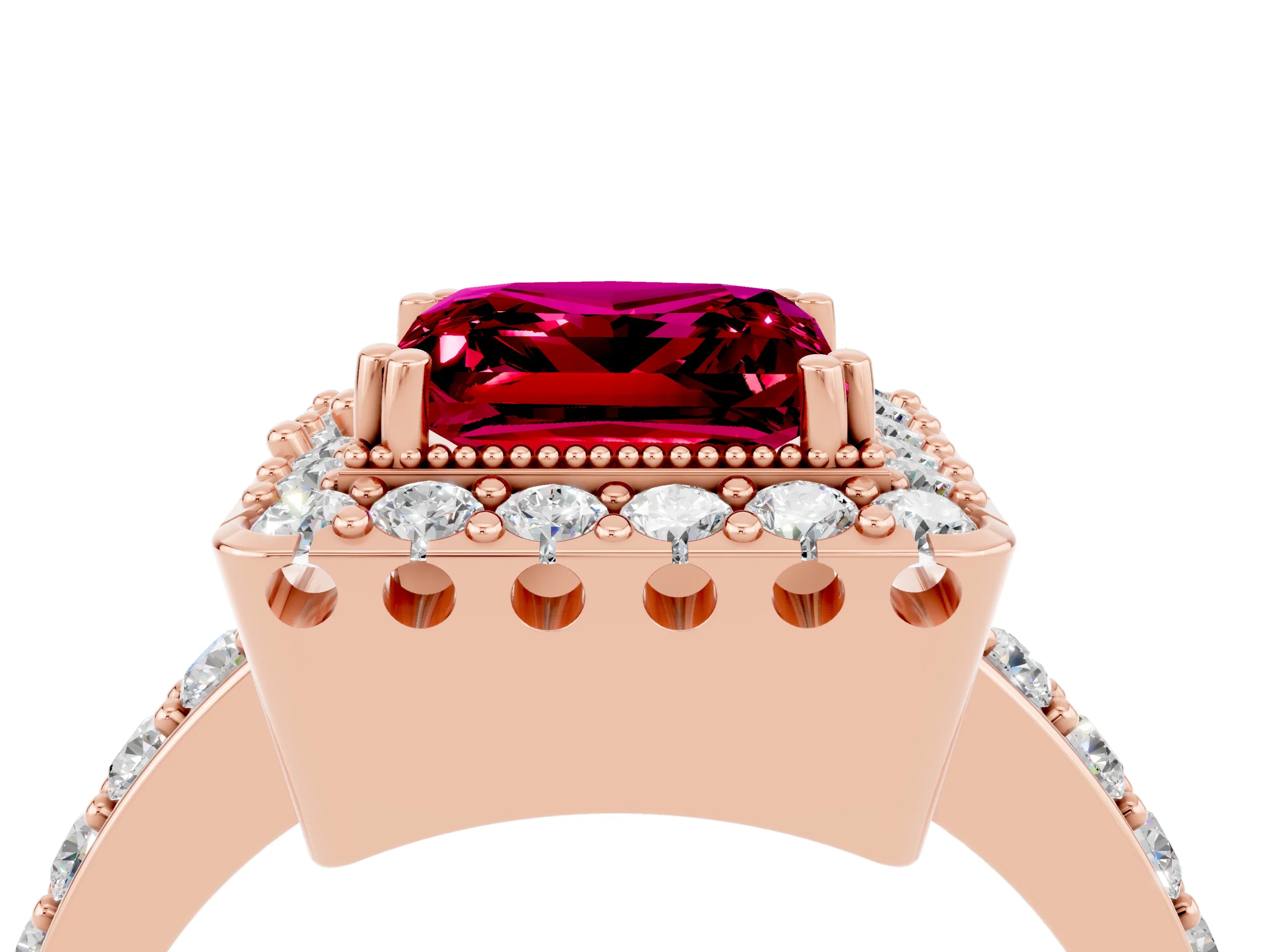 Rose gold Princess Cut Diamond Halo Ring with Pavé Band and Prong Setting_4