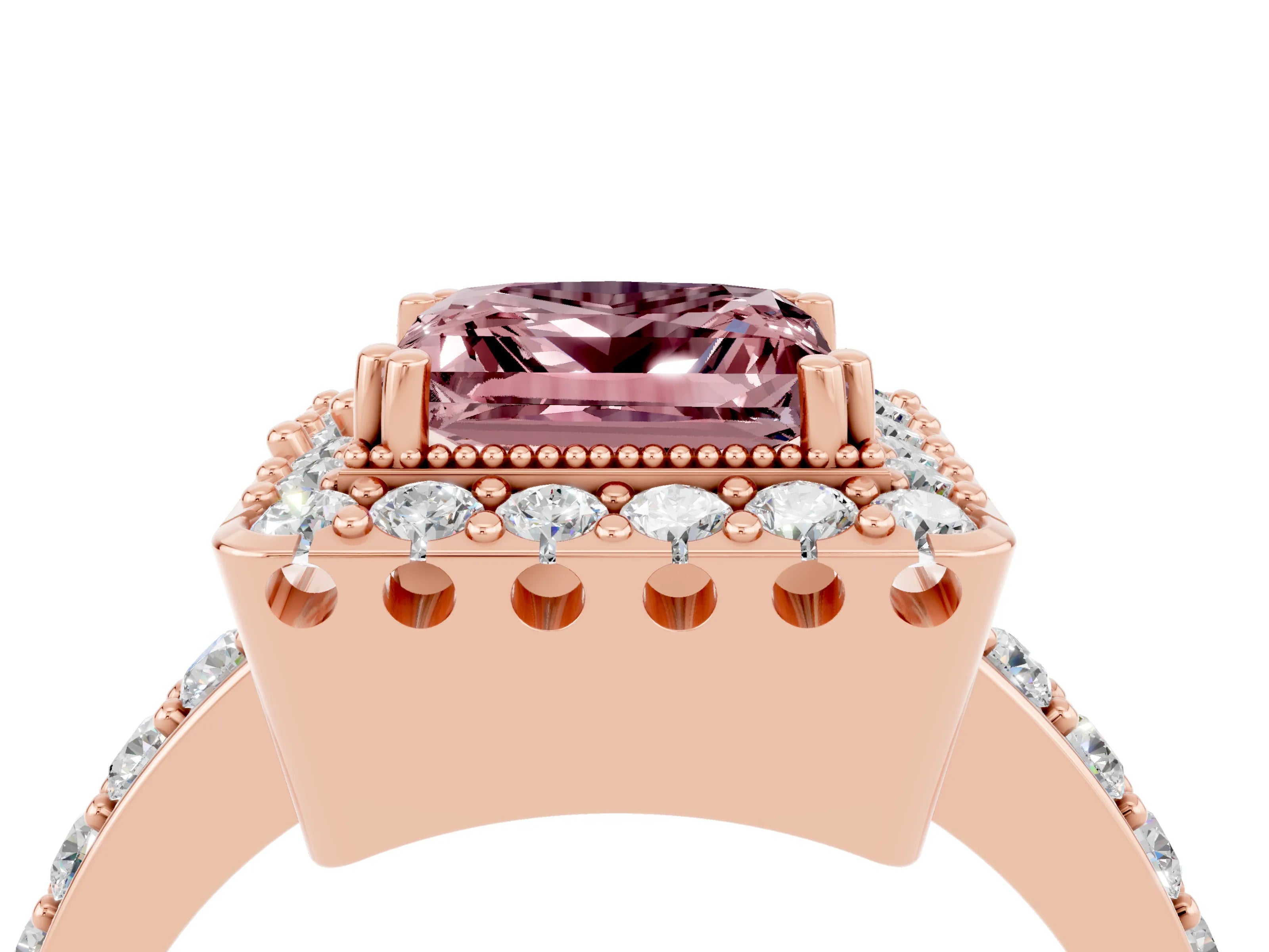 Rose gold Princess Cut Diamond Halo Ring with Pavé Band and Prong Setting_4