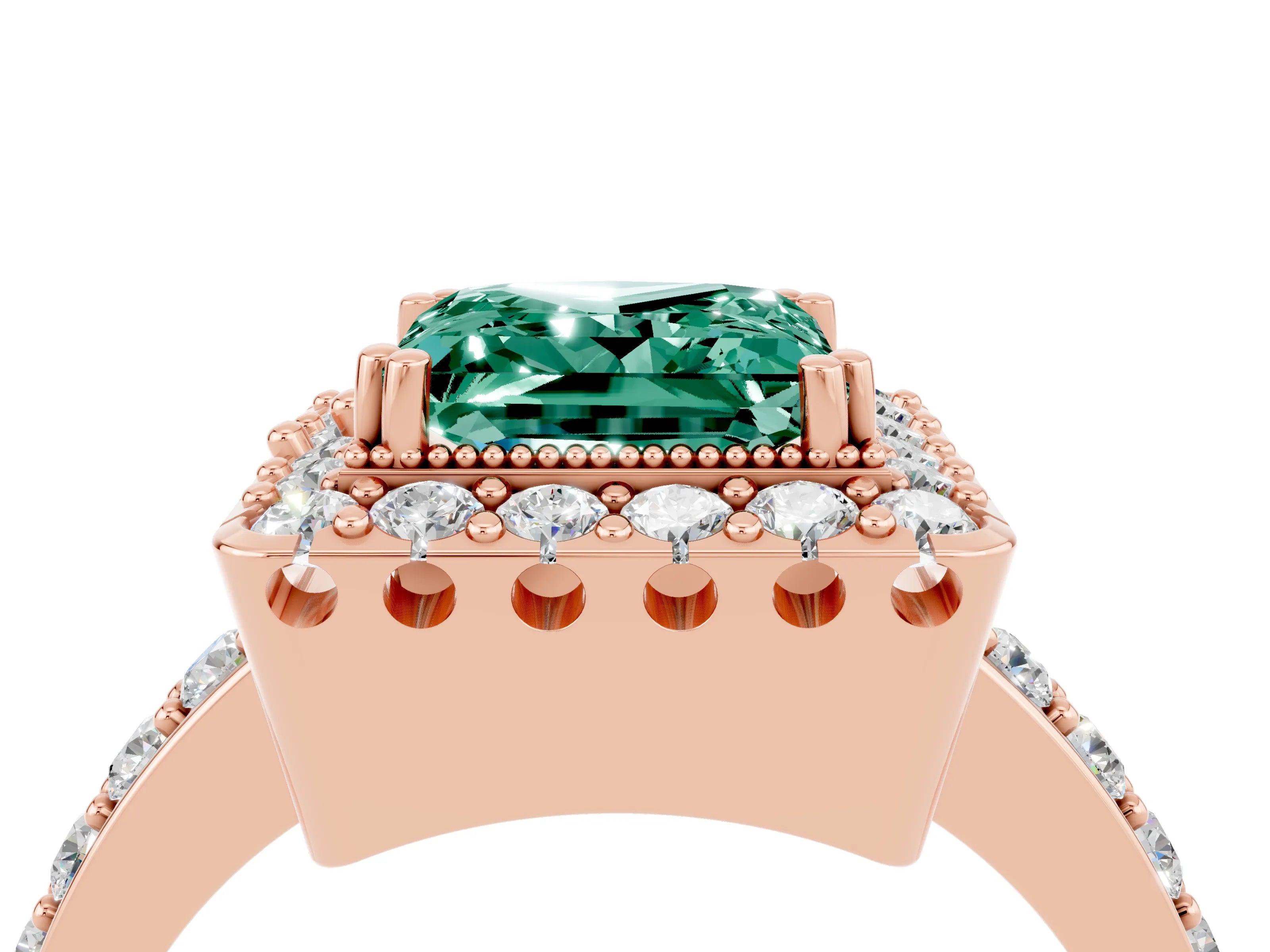 Rose gold Princess Cut Diamond Halo Ring with Pavé Band and Prong Setting_4