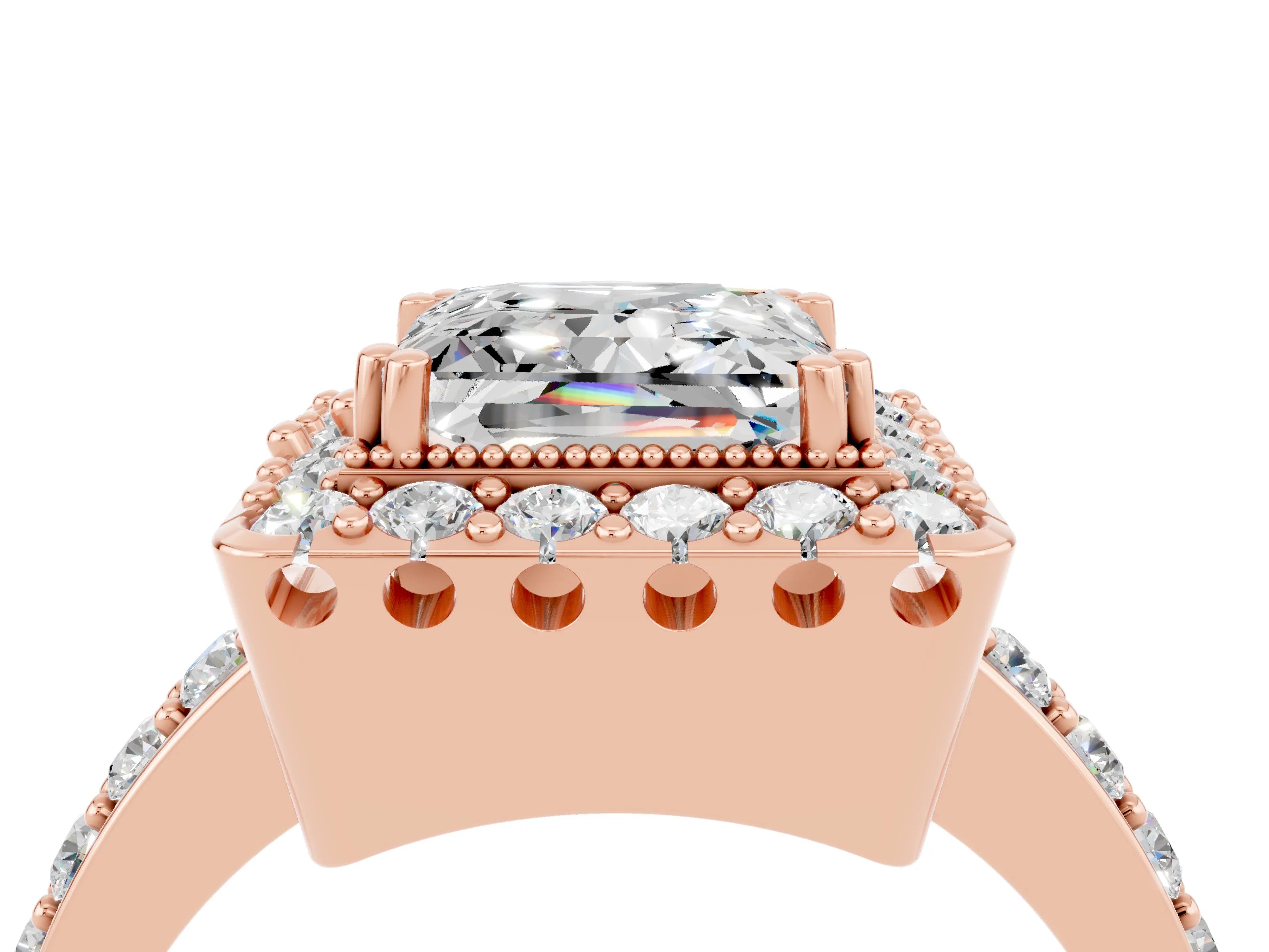 Rose gold Princess Cut Diamond Halo Ring with Pavé Band and Prong Setting_4