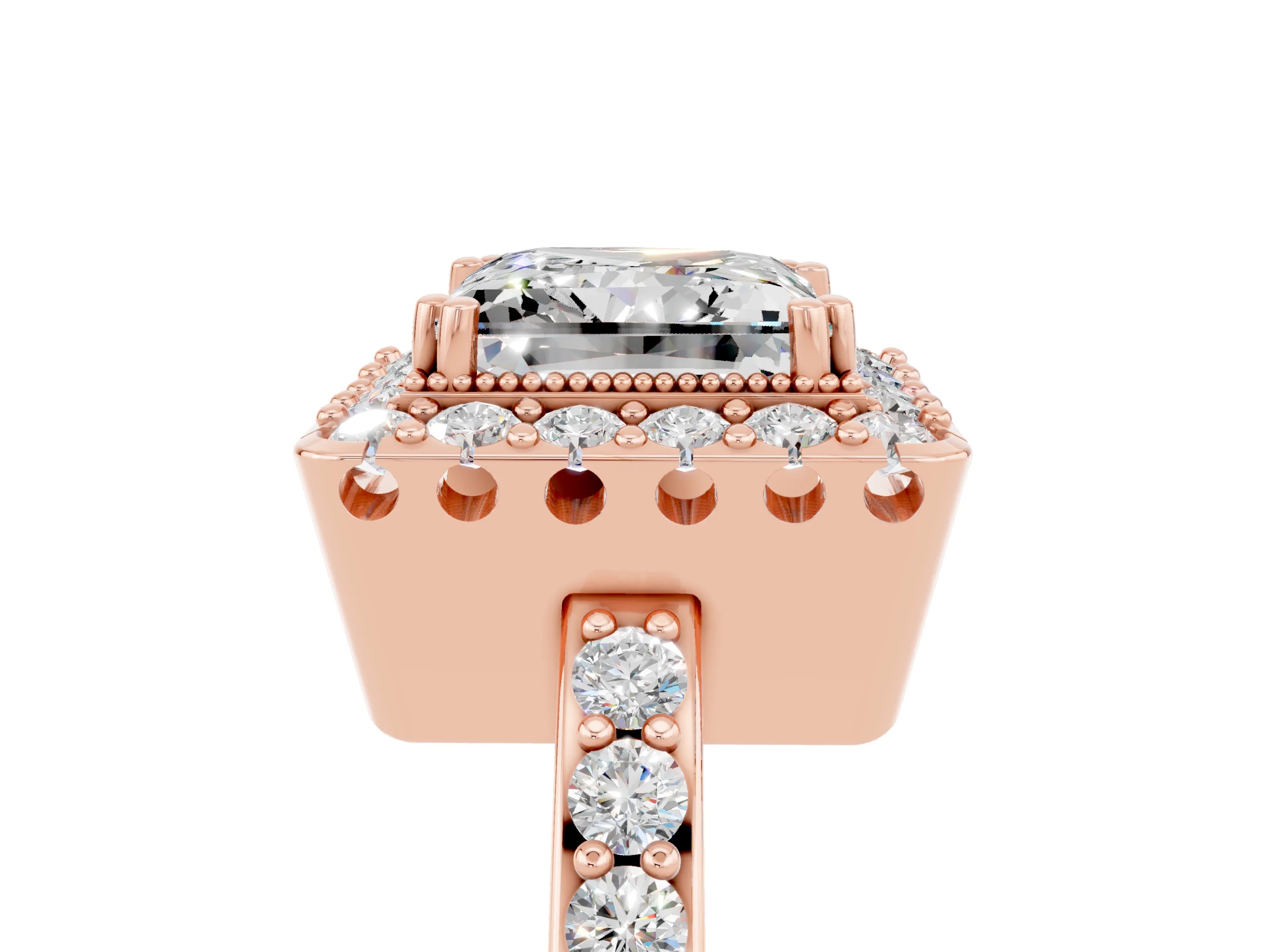 Rose gold Princess Cut Diamond Halo Ring with Pavé Band and Prong Setting_5