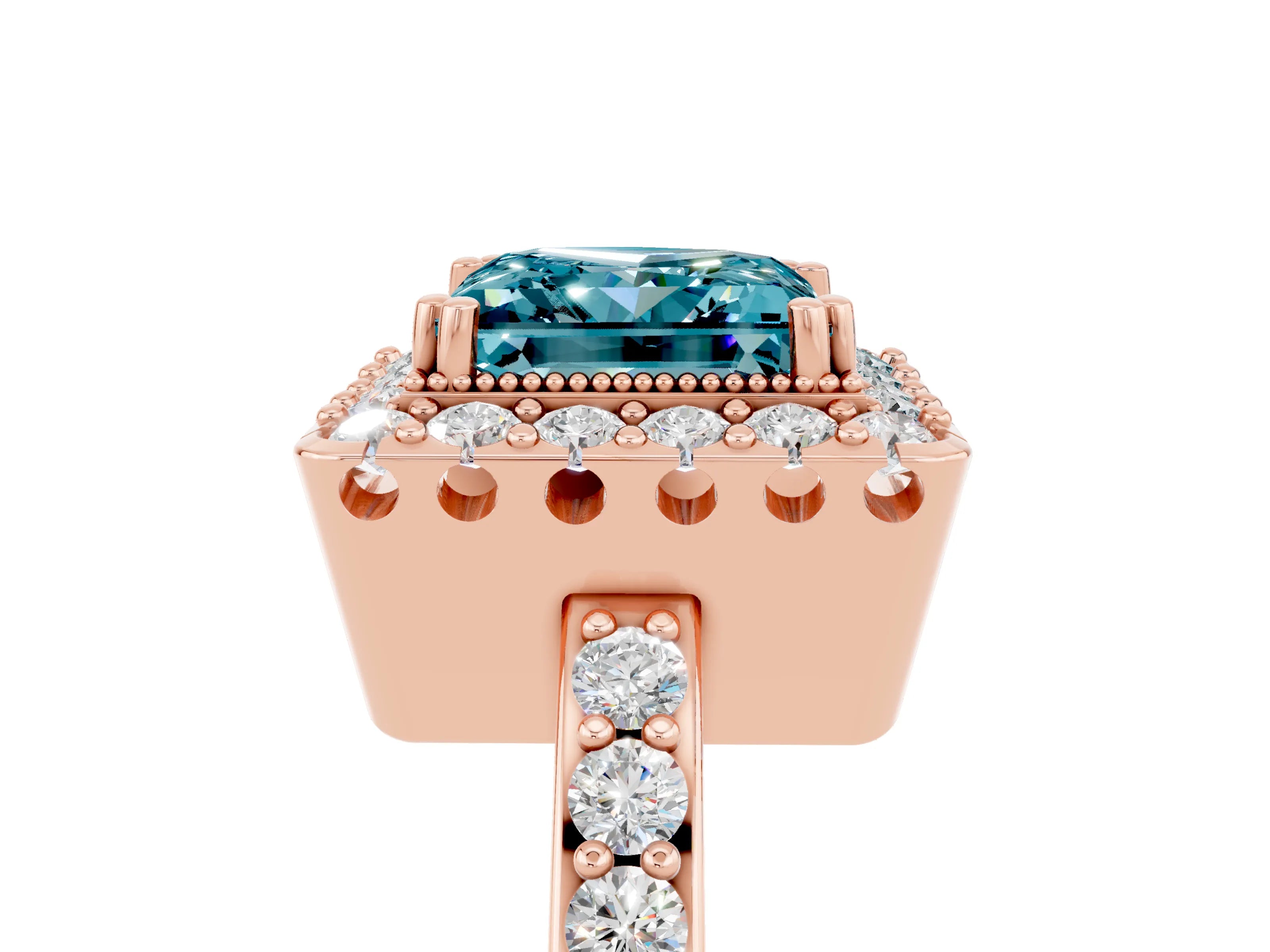 Rose gold Princess Cut Diamond Halo Ring with Pavé Band and Prong Setting_5