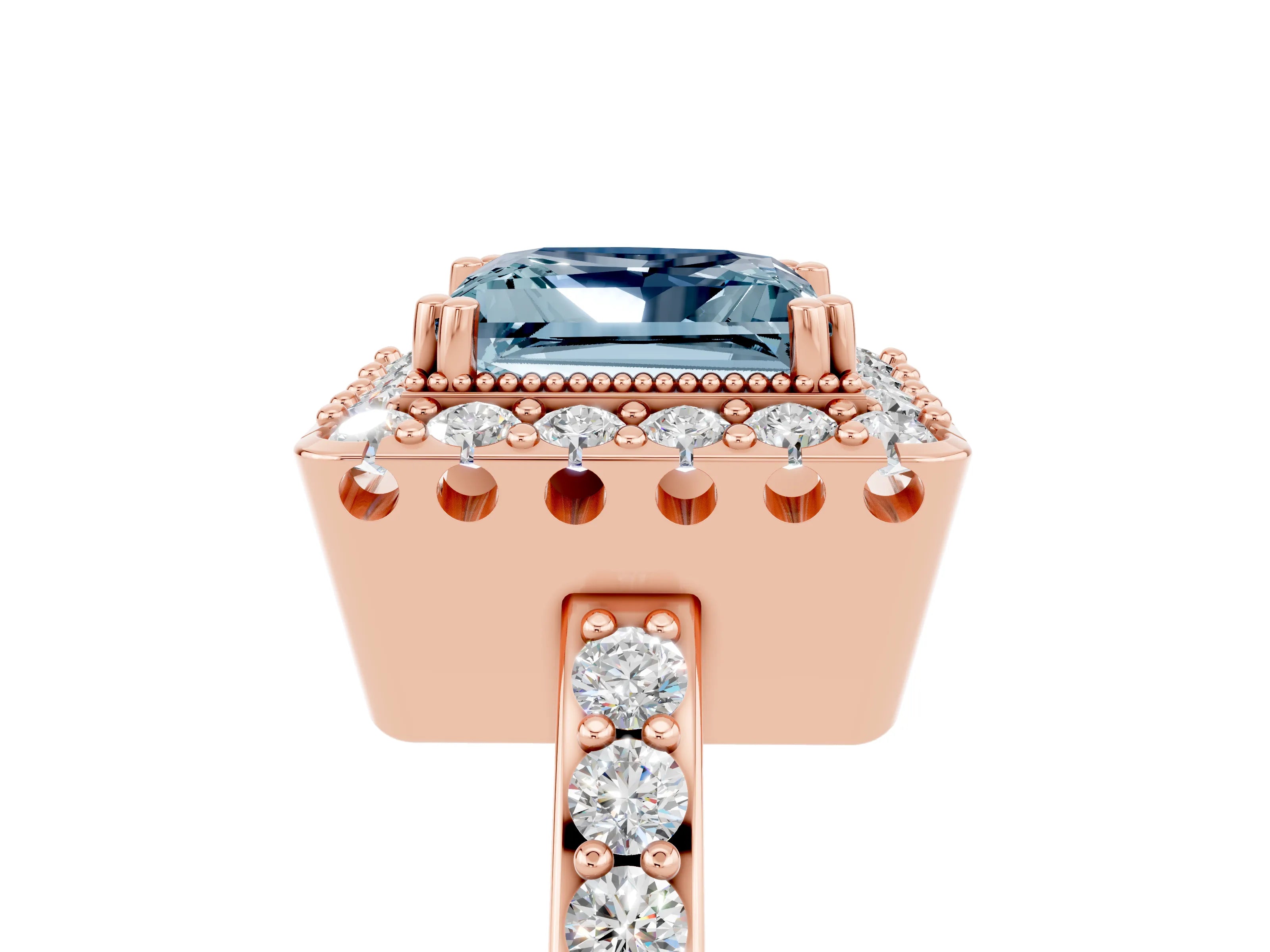 Rose gold Princess Cut Diamond Halo Ring with Pavé Band and Prong Setting_5
