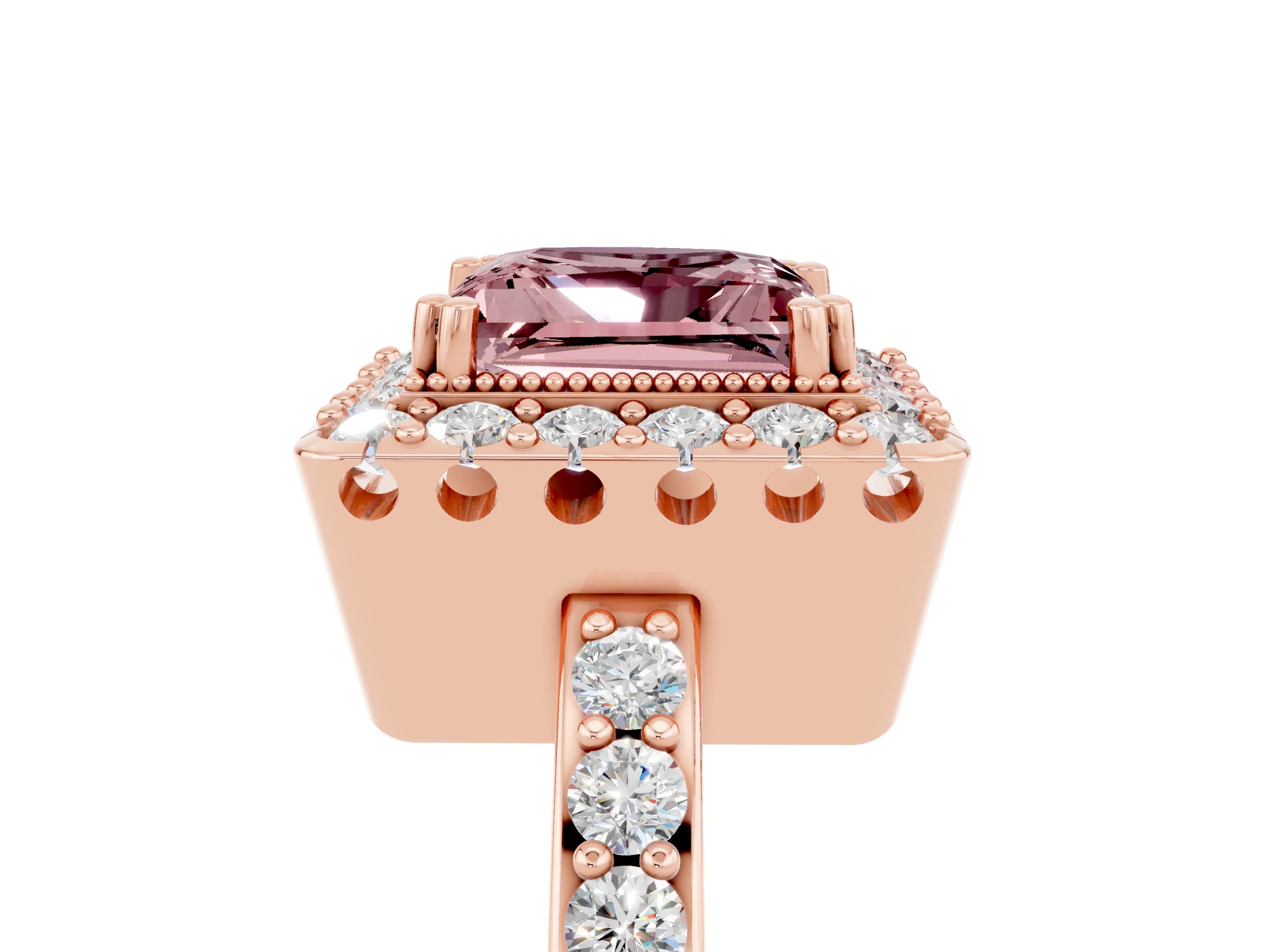 Rose gold Princess Cut Diamond Halo Ring with Pavé Band and Prong Setting_5