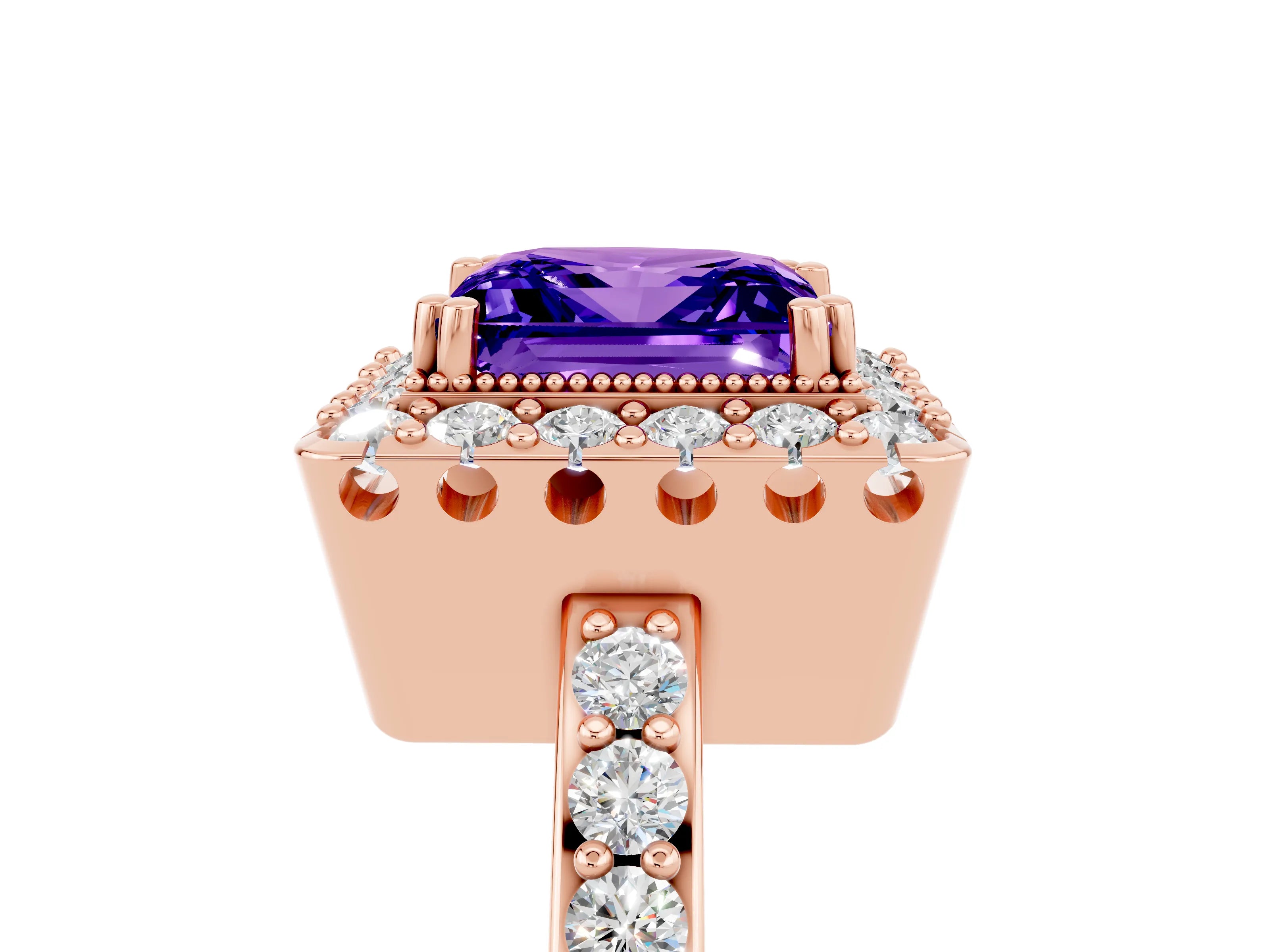 Rose gold Princess Cut Diamond Halo Ring with Pavé Band and Prong Setting_5
