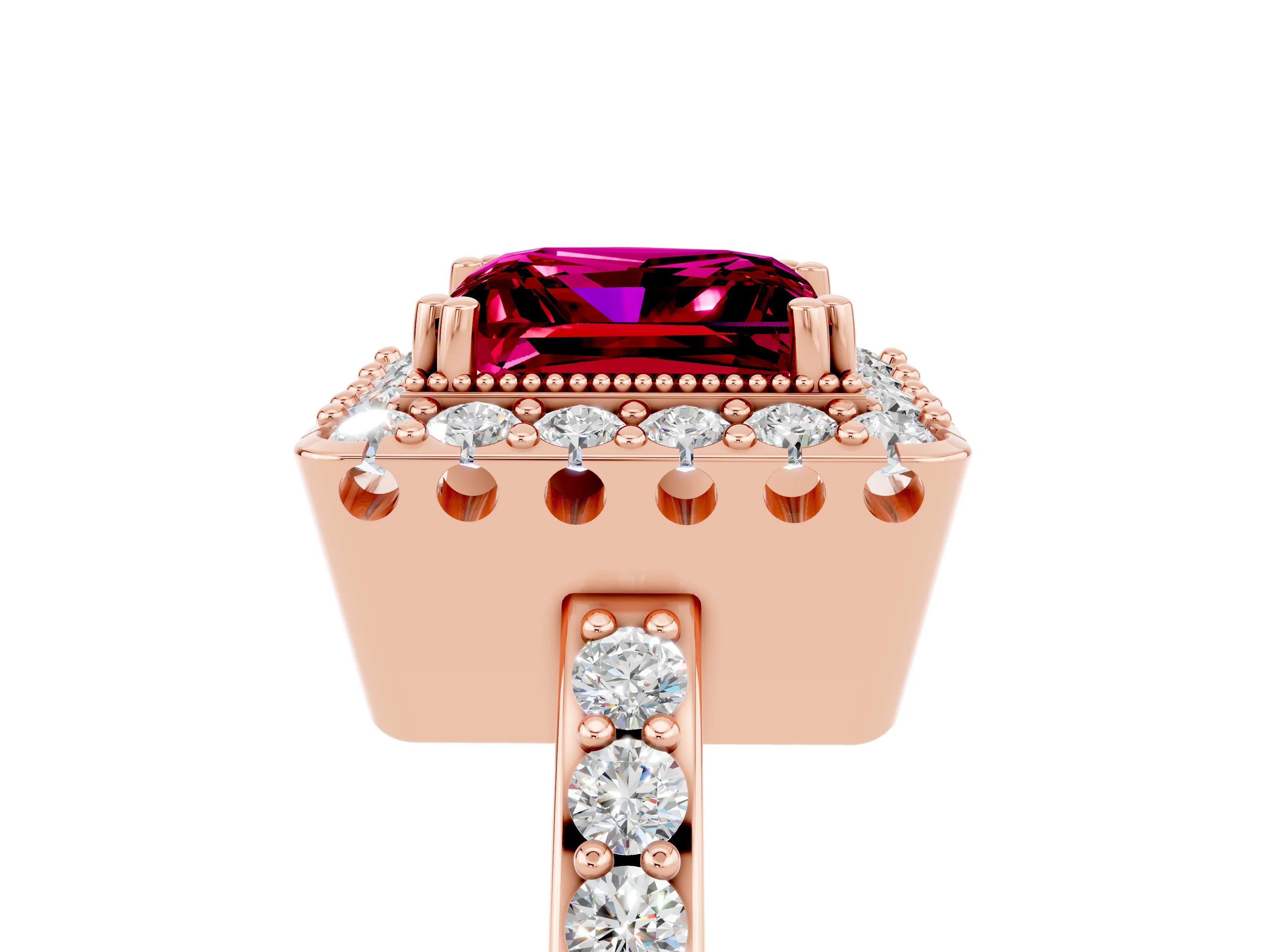 Rose gold Princess Cut Diamond Halo Ring with Pavé Band and Prong Setting_5
