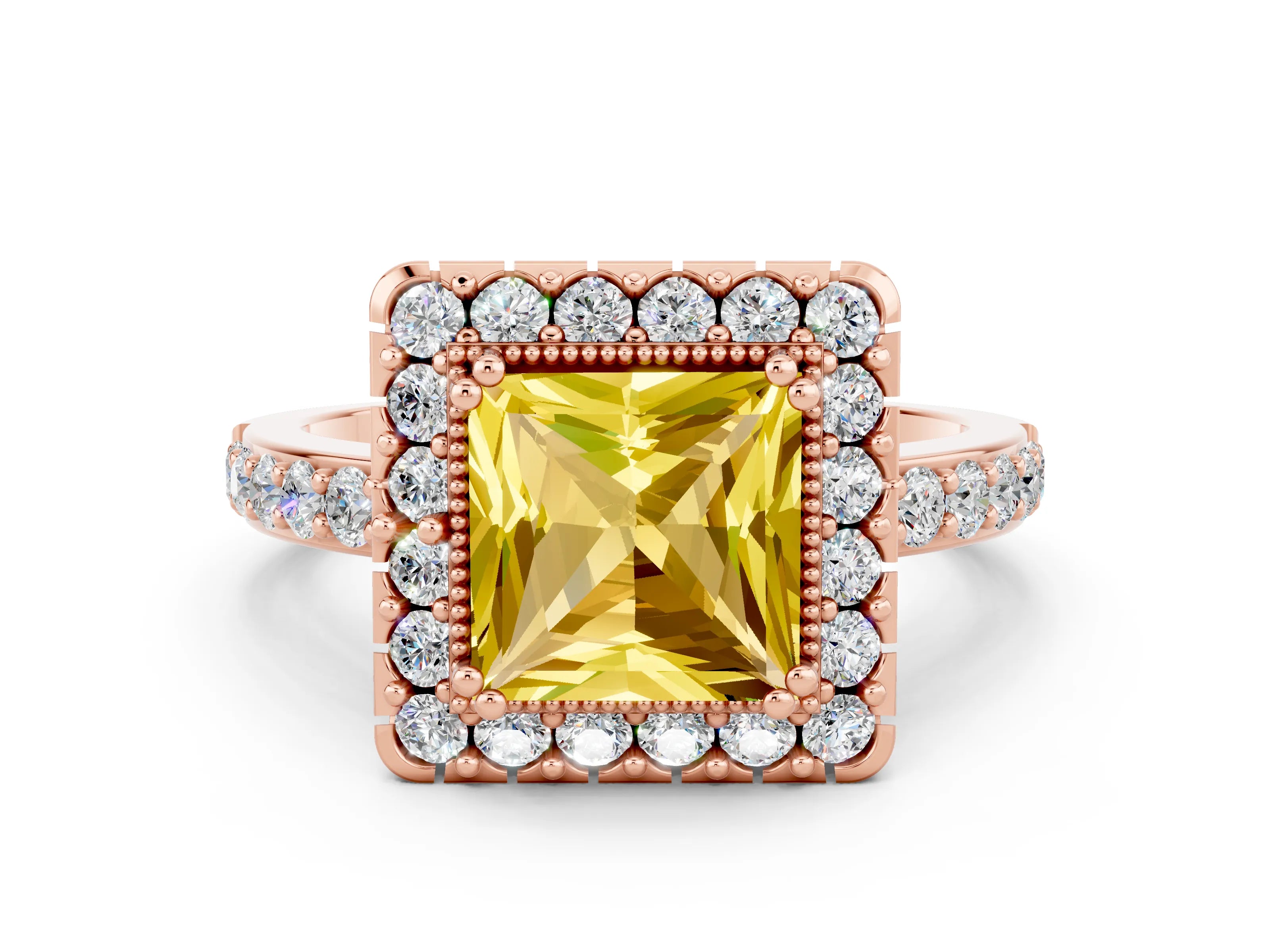 Rose gold Princess Cut Diamond Halo Ring with Pavé Band and Prong Setting