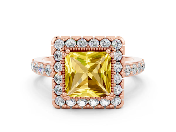 Rose gold Princess Cut Yellow Sapphire Halo Ring with Pavé Band and Prong Setting