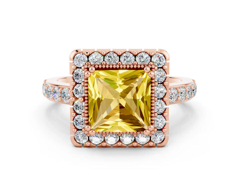 Rose gold Princess Cut Diamond Halo Ring with Pavé Band and Prong Setting