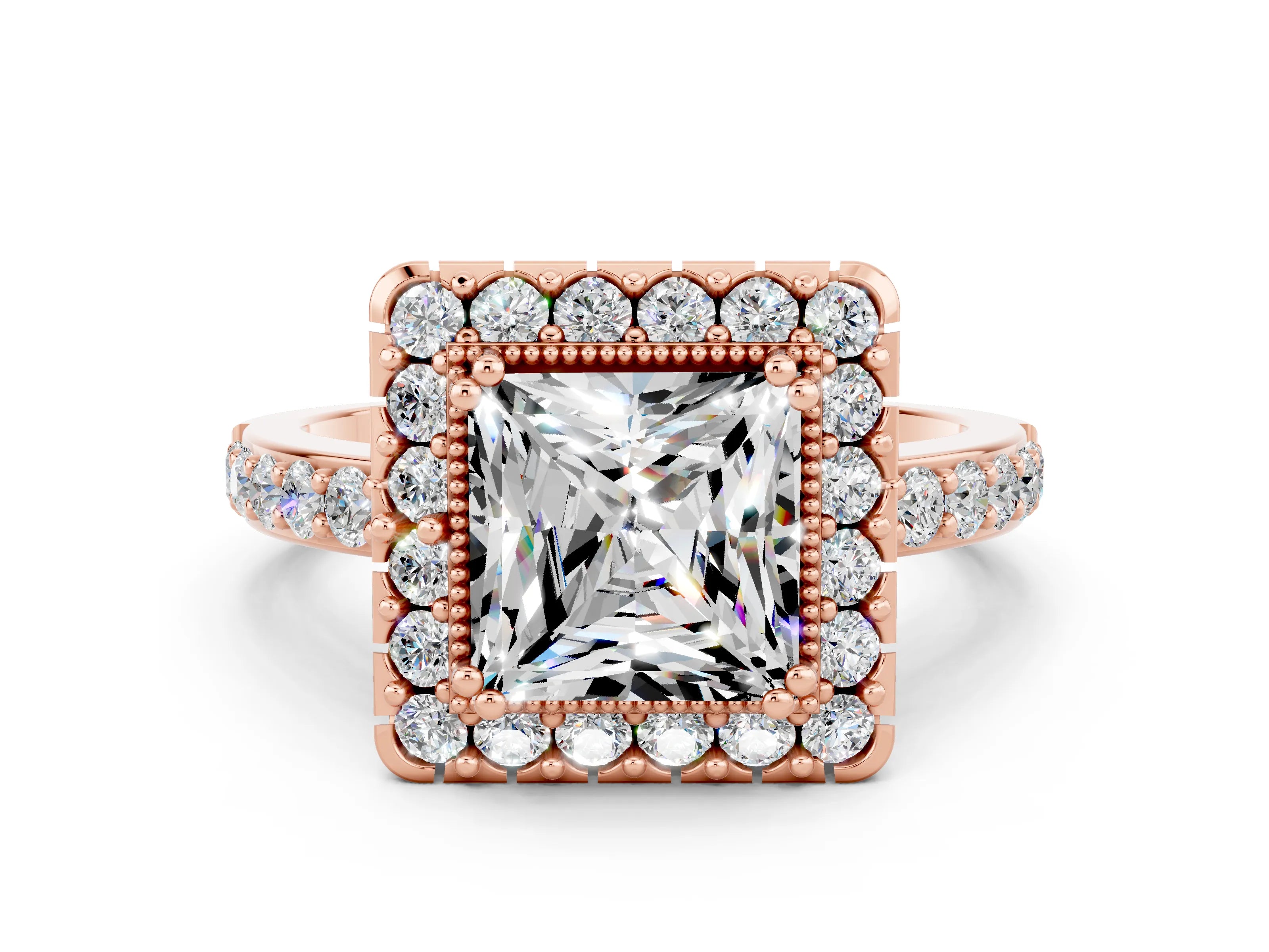 Rose gold Princess Cut Diamond Halo Ring with Pavé Band and Prong Setting