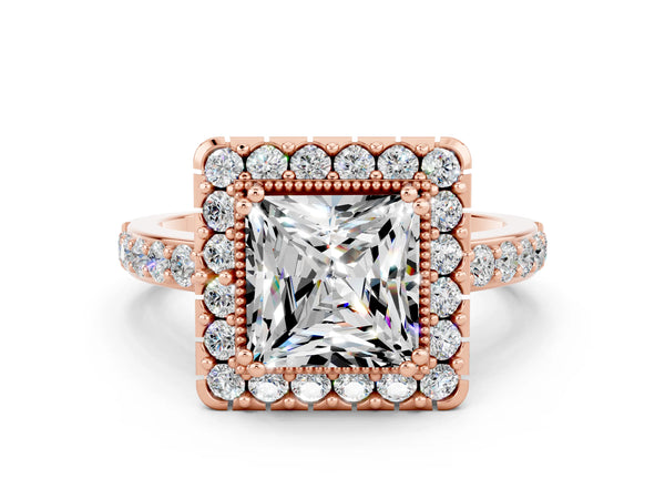 Rose gold Princess Cut Moissanite Halo Ring with Pavé Band and Prong Setting