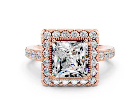 Rose gold Princess Cut Diamond Halo Ring with Pavé Band and Prong Setting
