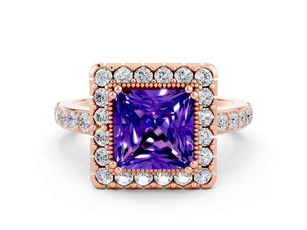 Rose gold Princess Cut Tanzanite Halo Ring with Pavé Band and Prong Setting