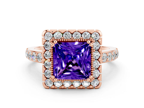 Rose gold Princess Cut Diamond Halo Ring with Pavé Band and Prong Setting