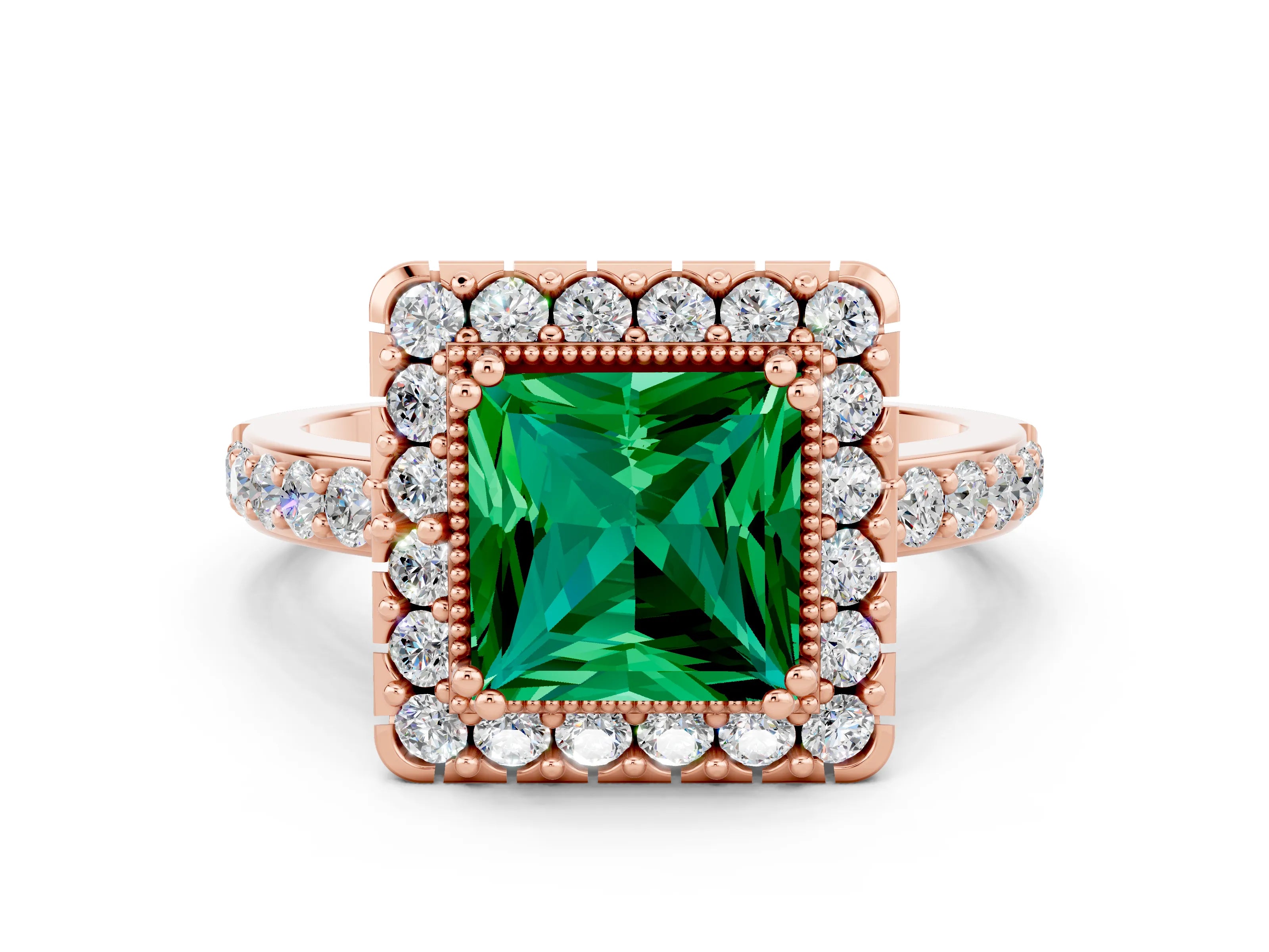 Rose gold Princess Cut Diamond Halo Ring with Pavé Band and Prong Setting