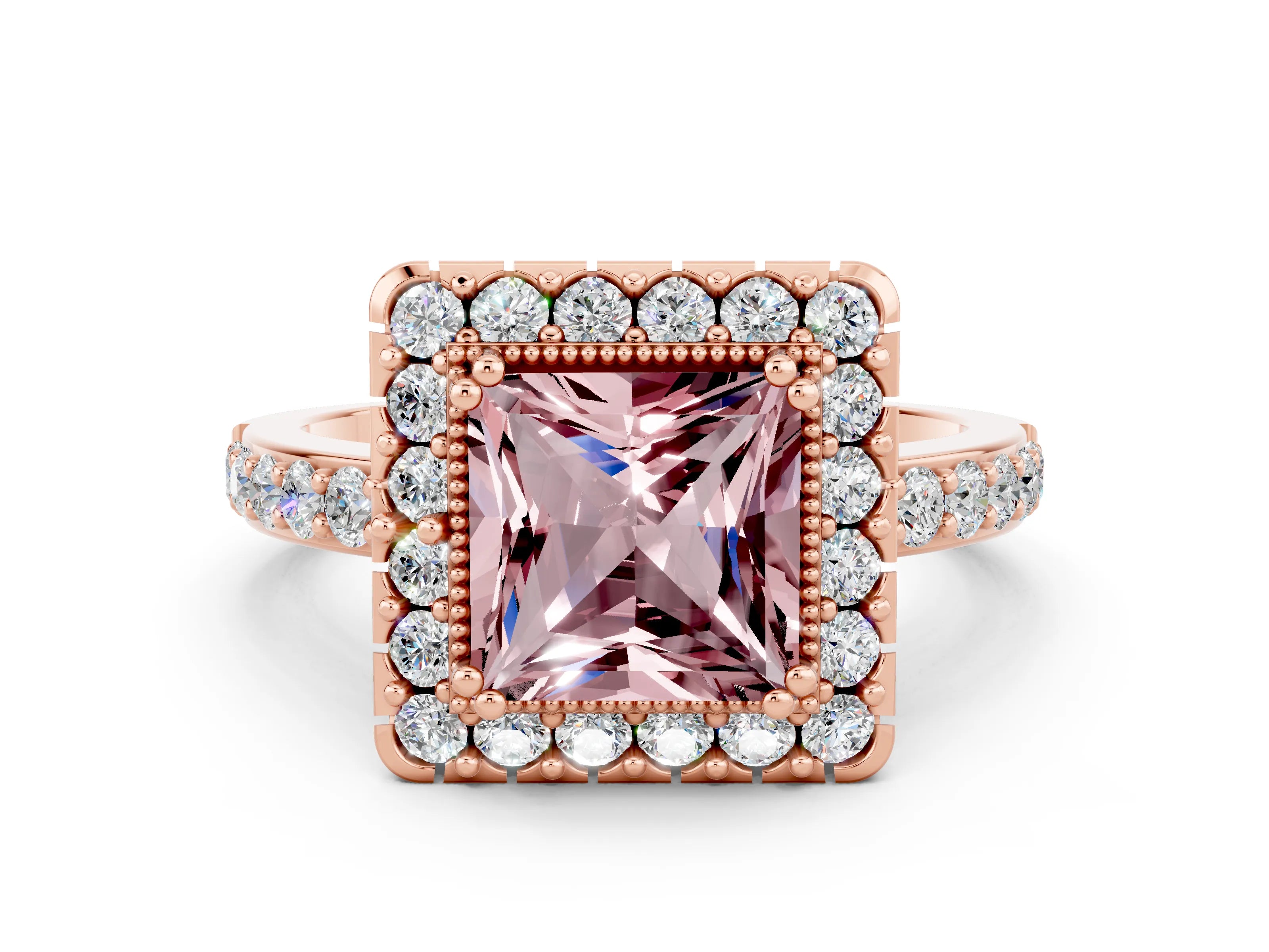 Rose gold Princess Cut Diamond Halo Ring with Pavé Band and Prong Setting