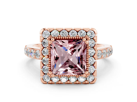Rose gold Princess Cut Diamond Halo Ring with Pavé Band and Prong Setting