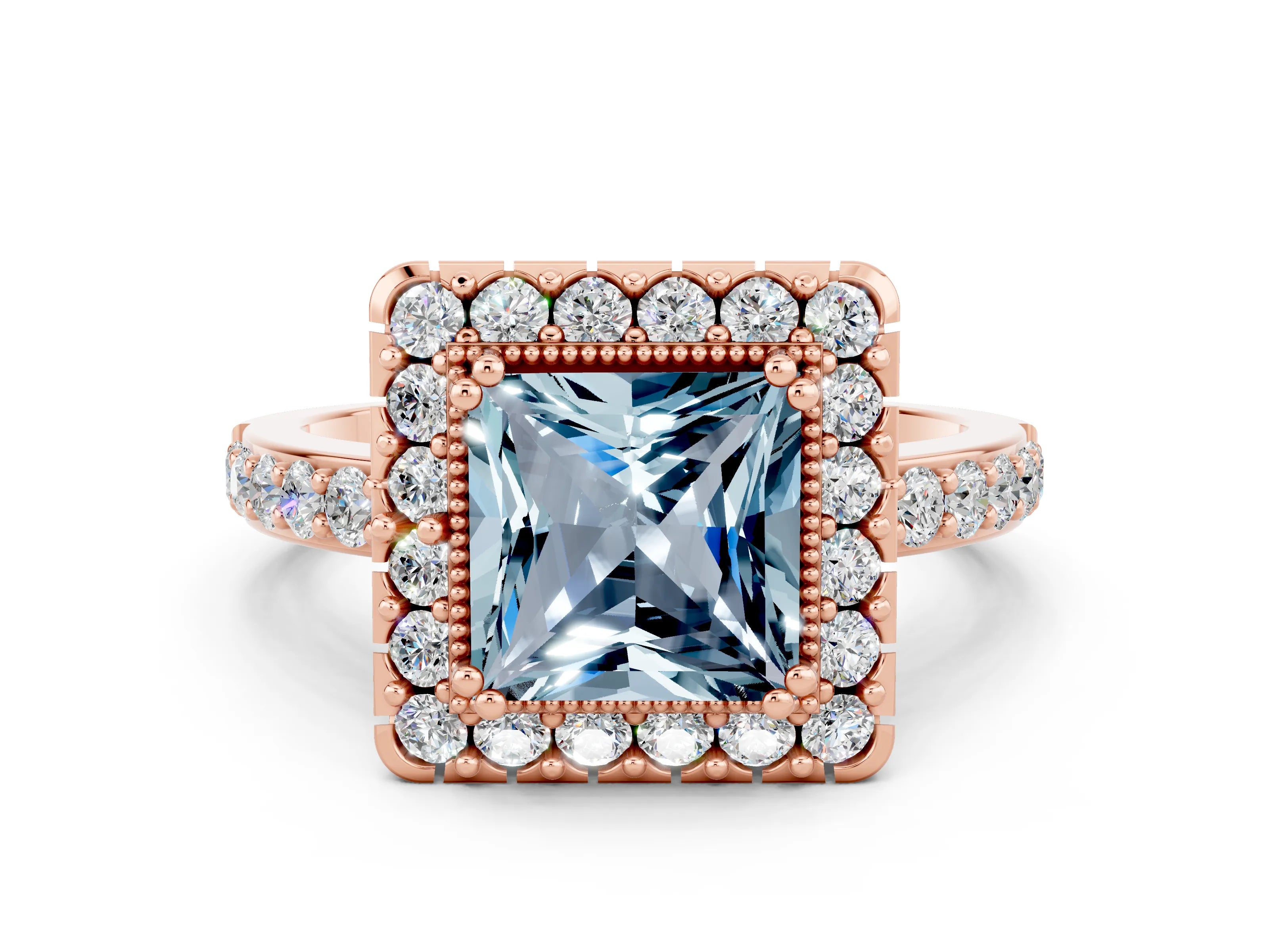 Rose gold Princess Cut Diamond Halo Ring with Pavé Band and Prong Setting