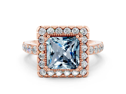 Rose gold Princess Cut Diamond Halo Ring with Pavé Band and Prong Setting