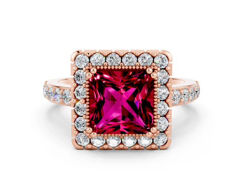 Rose gold Princess Cut Diamond Halo Ring with Pavé Band and Prong Setting