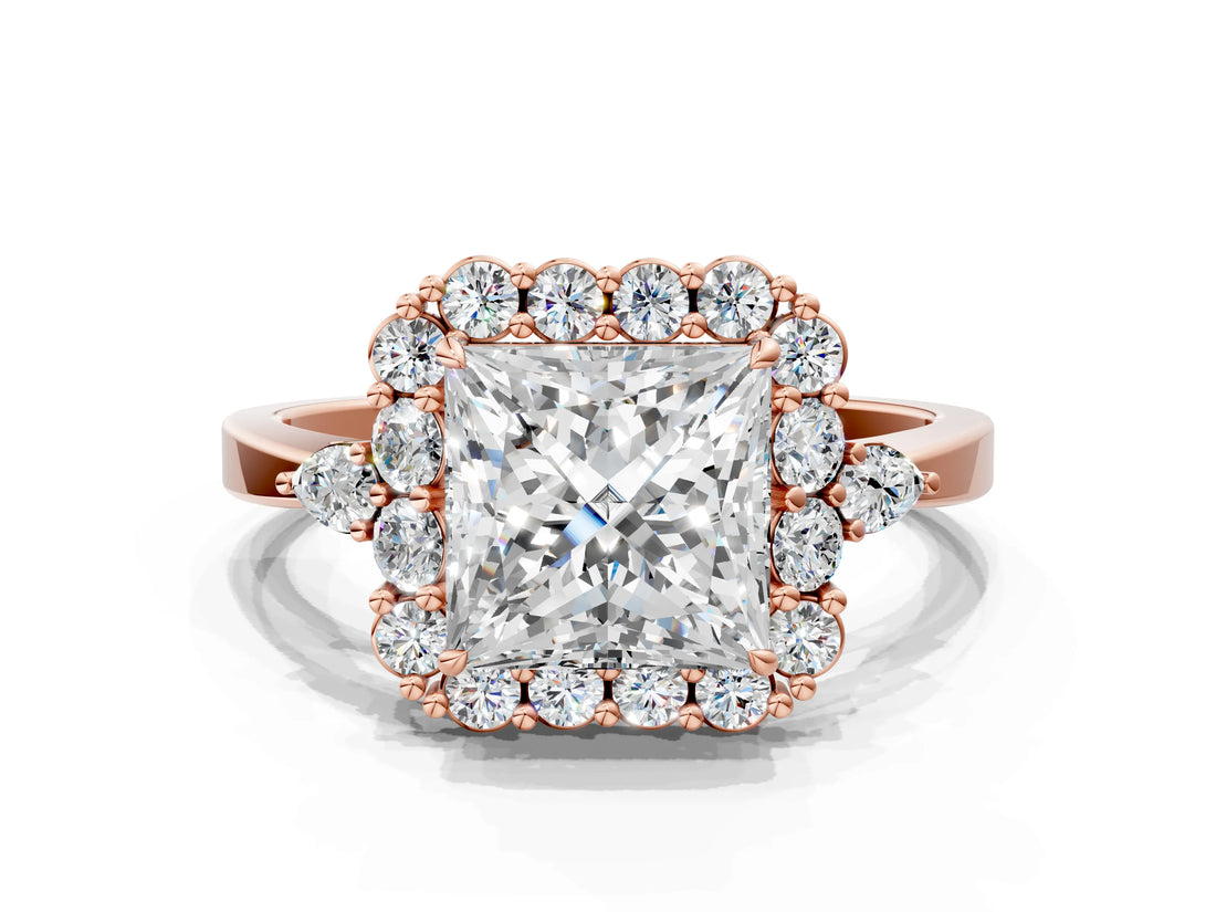 Rose gold Princess Cut Diamond Halo Ring with Pear Side Stones and Prong Setting_57