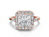 Rose gold Princess Cut Diamond Halo Ring with Pear Side Stones and Prong Setting_57