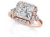 Rose gold Princess Cut Diamond Halo Ring with Pear Side Stones and Prong Setting_58