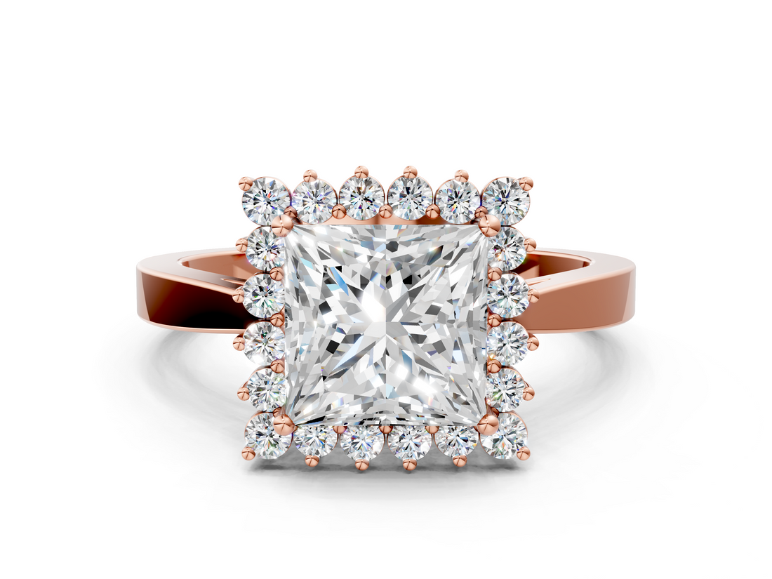 Rose gold Princess Cut Diamond Halo Ring with Round Brilliant Halo and Solitaire Band_104