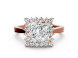 Rose gold Princess Cut Diamond Halo Ring with Round Brilliant Halo and Solitaire Band_104