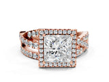 Rose gold Princess Cut Diamond Halo Ring with Round Split Shank and Prong Setting_44