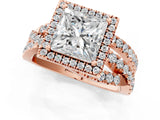 Rose gold Princess Cut Diamond Halo Ring with Round Split Shank and Prong Setting_45