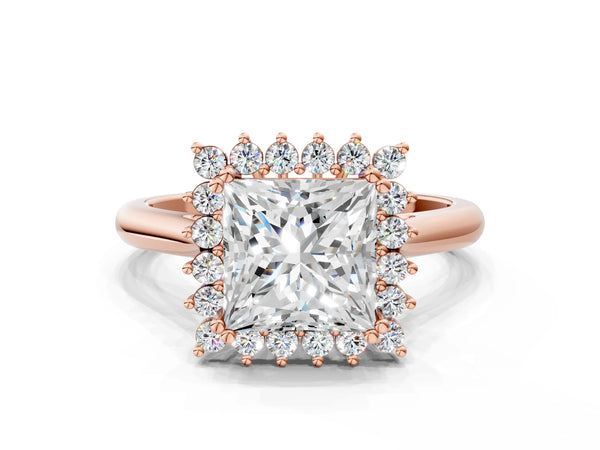 Rose gold Princess Cut Diamond Halo Ring with Solitaire Band and Prong Setting
