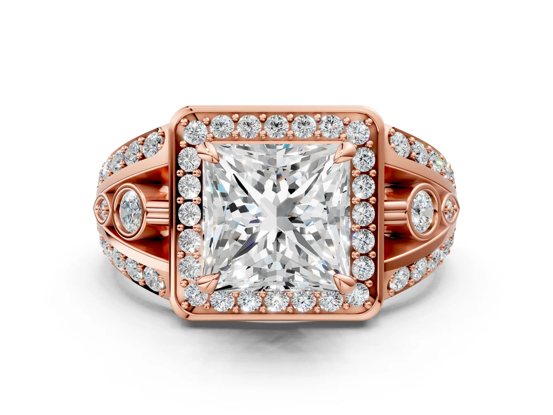 Rose gold Princess Cut Diamond Halo Ring with Split Shank and Bezel Accents and Four-Prong Setting_9