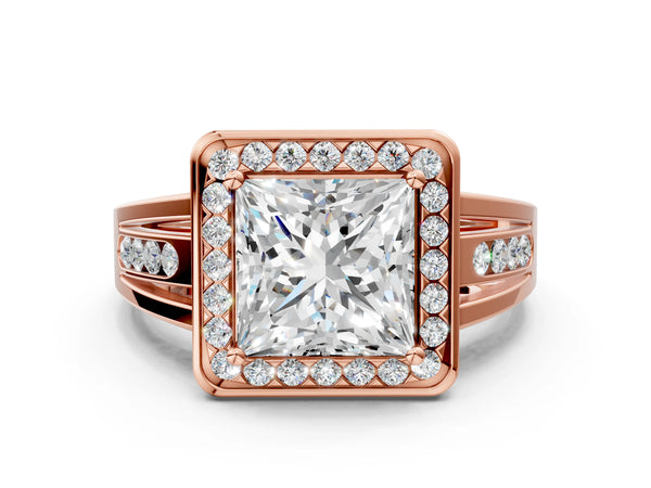Rose gold Princess Cut Diamond Halo Ring with Split Shank and Bezel Accents and Prong Setting