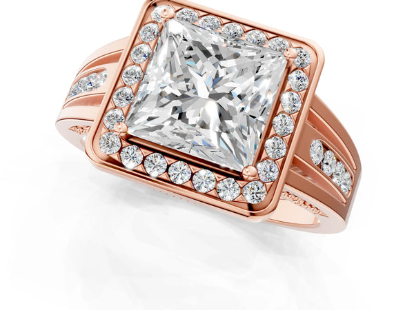 Rose gold Princess Cut Diamond Halo Ring with Split Shank and Bezel Accents and Prong Setting