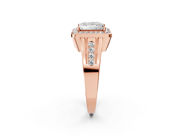 Rose gold Princess Cut Diamond Halo Ring with Split Shank and Bezel Accents and Prong Setting