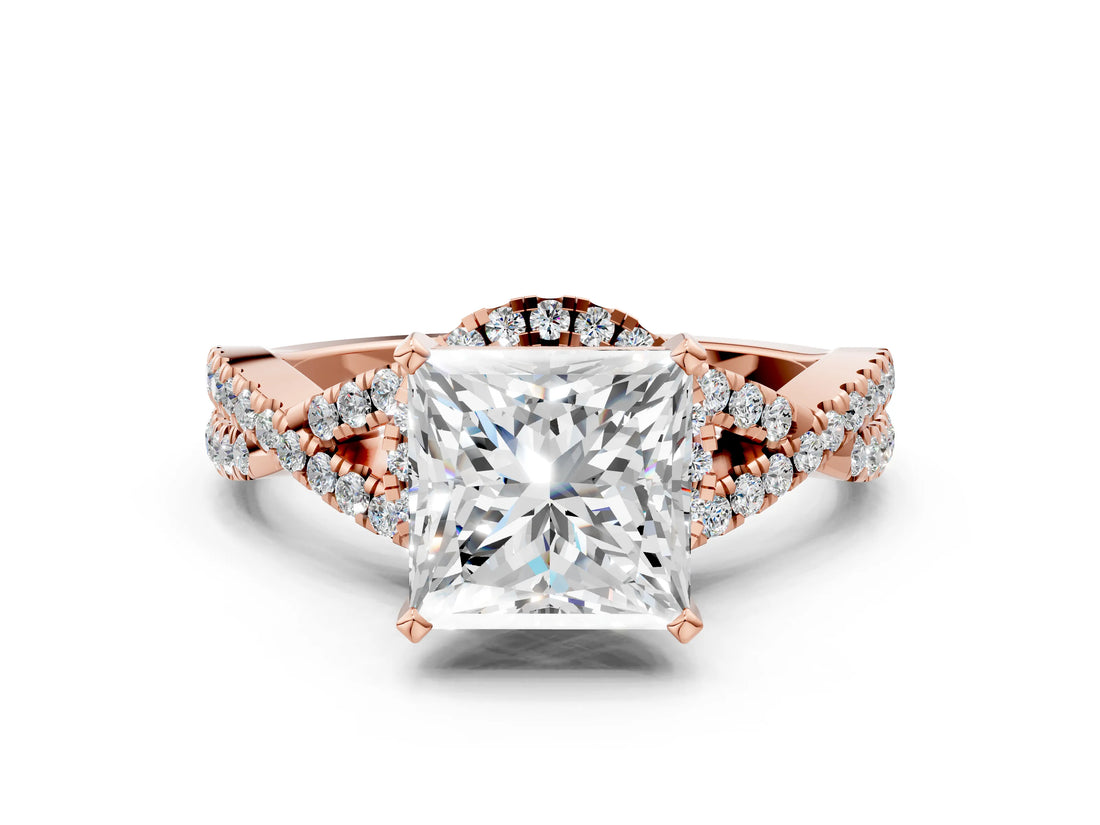 Rose gold Princess Cut Diamond  Halo Twist Band Solitaire Prong Setting Ring_109