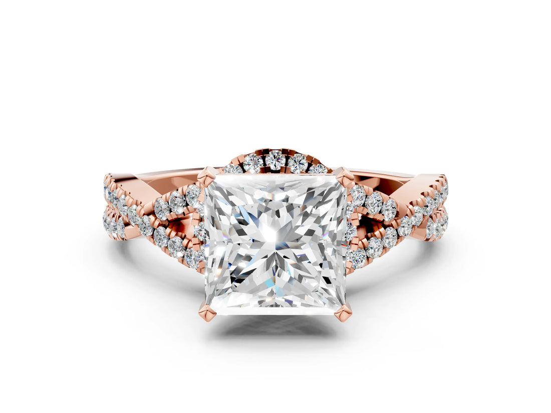 Rose gold Princess Cut Diamond  Halo Twist Band Solitaire Prong Setting Ring_48