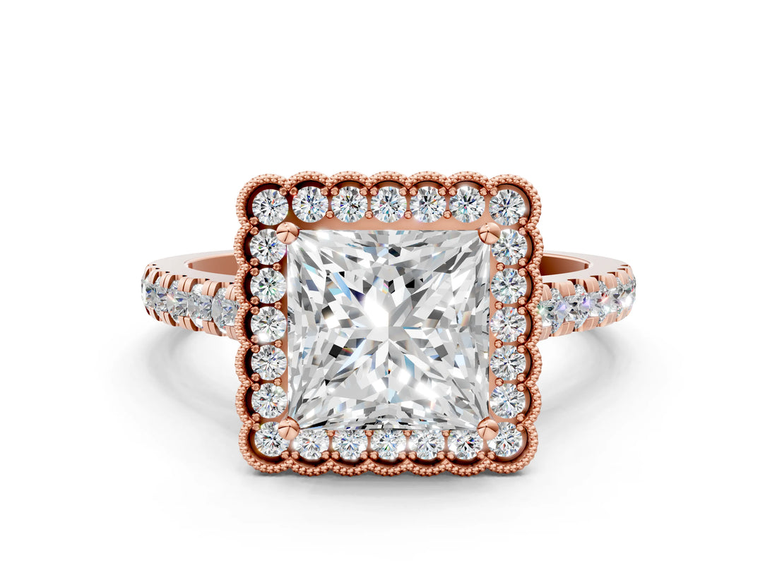 Rose gold Princess Cut Diamond Milgrain Floral Halo Engagement Ring with Pavé Band_43