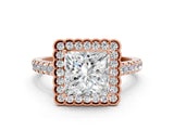 Rose gold Princess Cut Diamond Milgrain Floral Halo Engagement Ring with Pavé Band_43