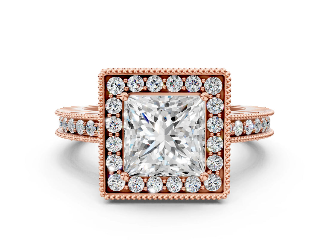 Rose gold Princess Cut Diamond Milgrain Halo Engagement Ring with Round Pavé Band and Prong Setting_24