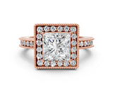 Rose gold Princess Cut Diamond Milgrain Halo Engagement Ring with Round Pavé Band and Prong Setting_24