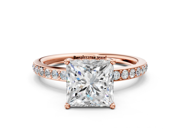 Rose gold Princess Cut Diamond Pavé Band Ring with Four-Prong Setting