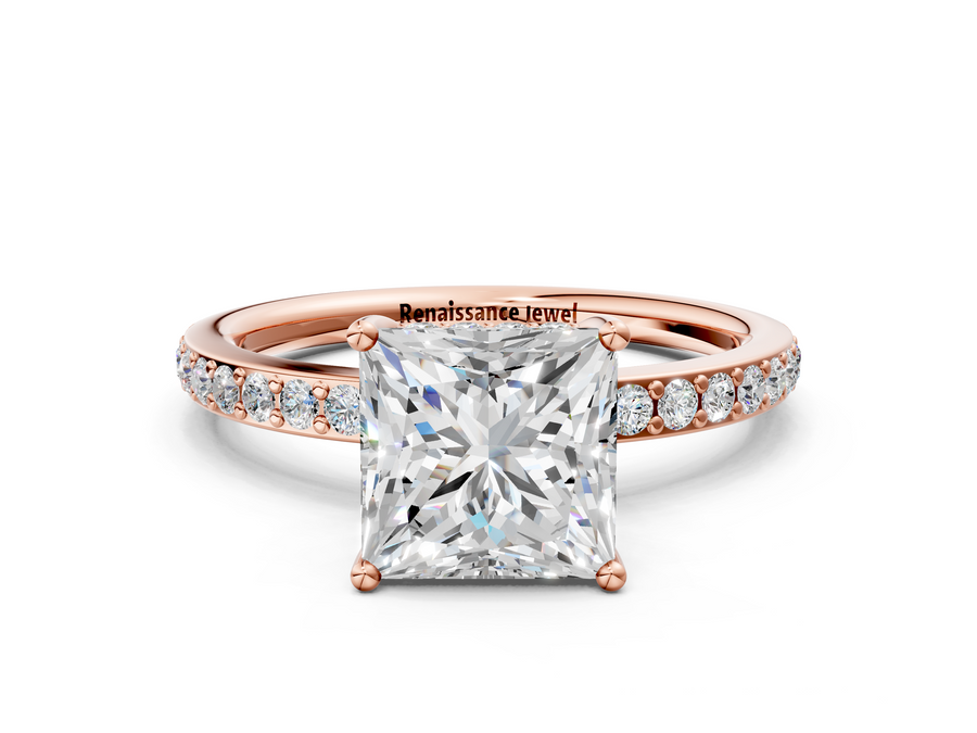 Rose gold Princess Cut Diamond Pavé Band Ring with Four-Prong Setting