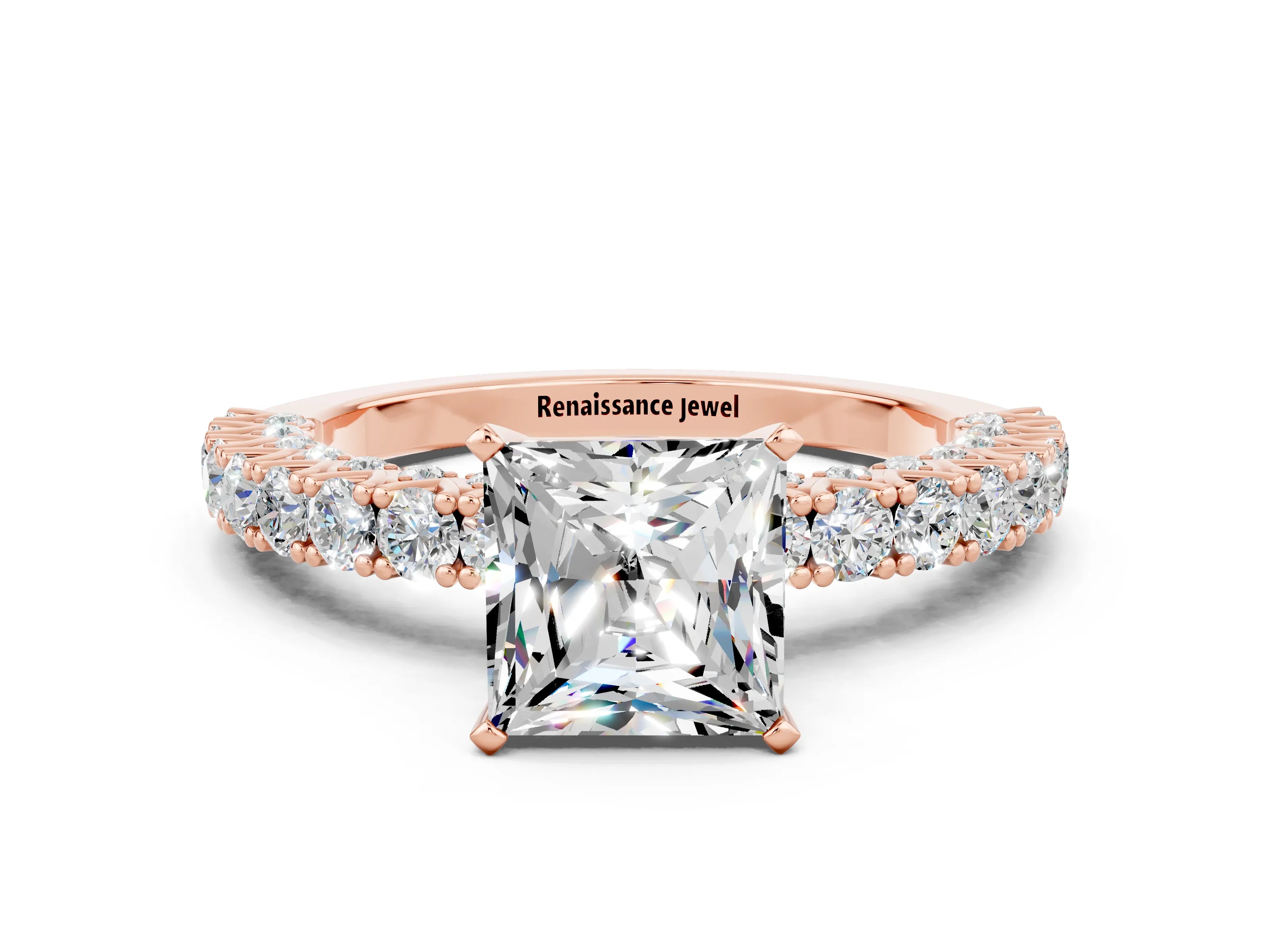 Rose gold Princess Cut Diamond Pavé Band Solitaire Ring with Prong Setting