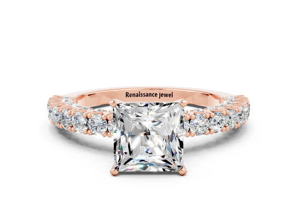 Rose gold Princess Cut Diamond Pavé Band Solitaire Ring with Prong Setting