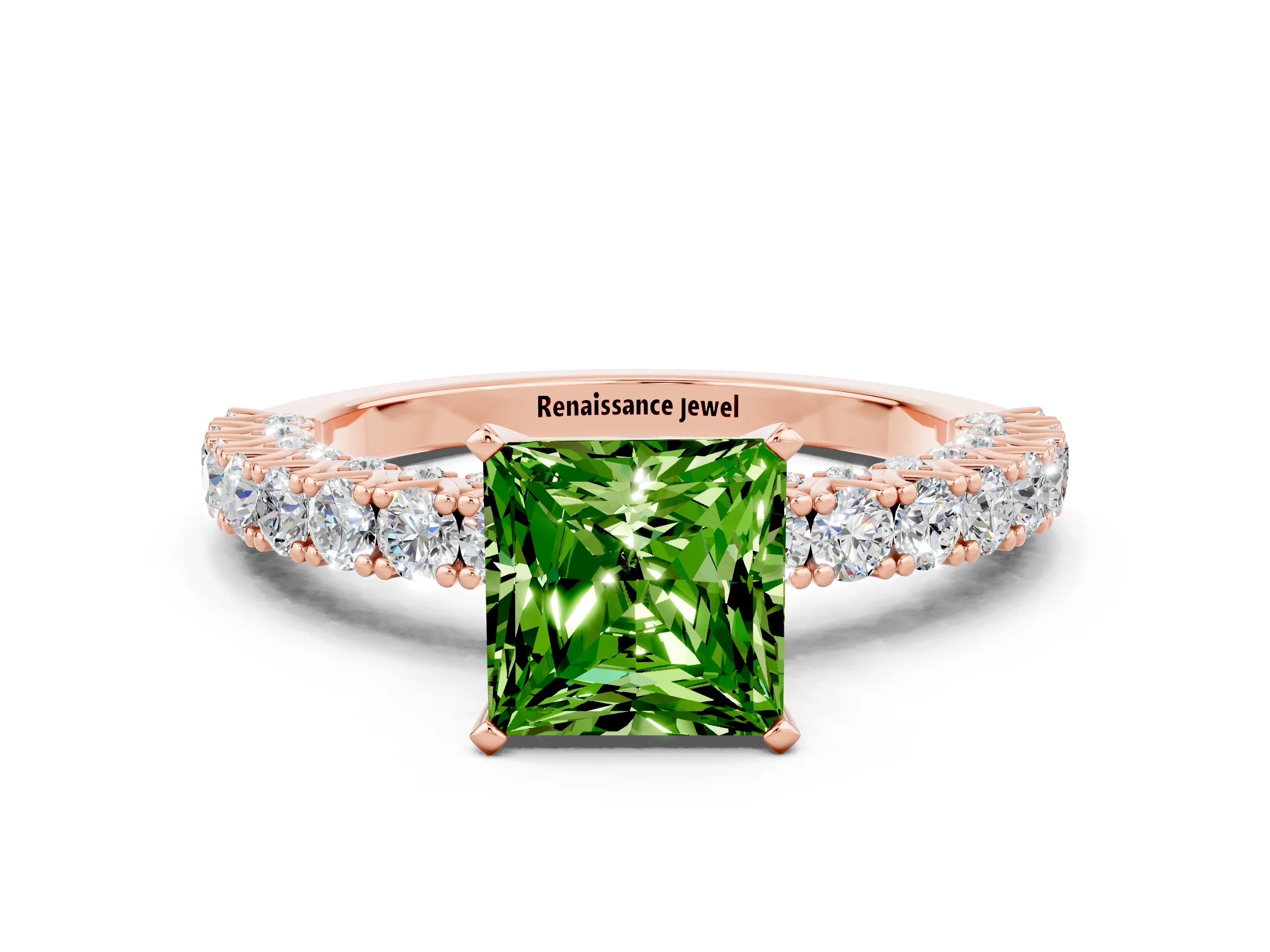 Rose gold Princess Cut Diamond Pavé Band Solitaire Ring with Prong Setting